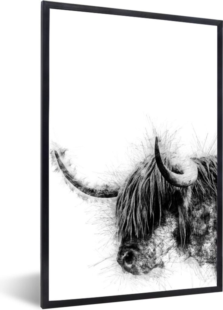MuchoWow MuchoWow Gerahmtes Poster Schottisches Hochlandrind - Schwarz - Weiß - Abstrakt 60x90 cm - Poster mit zchwarzem Bilderrahmen - Kunst