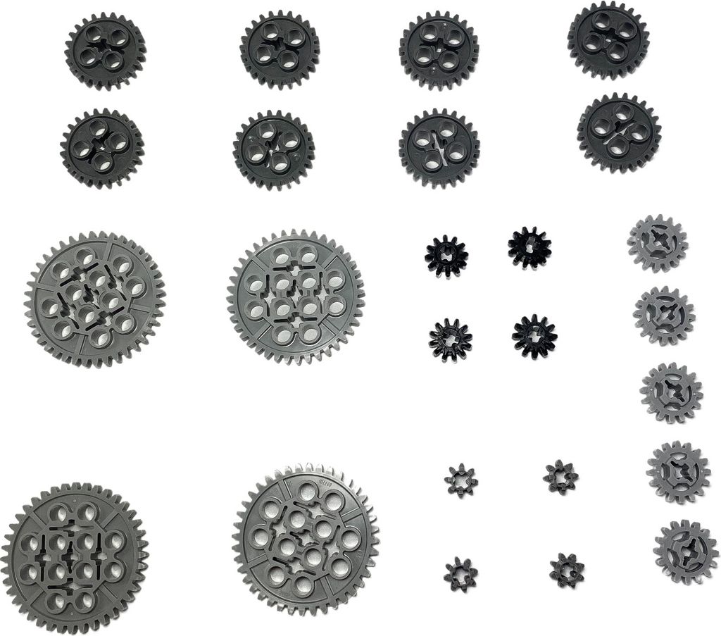 A collection of various LEGO Technic gears of different sizes and colors.