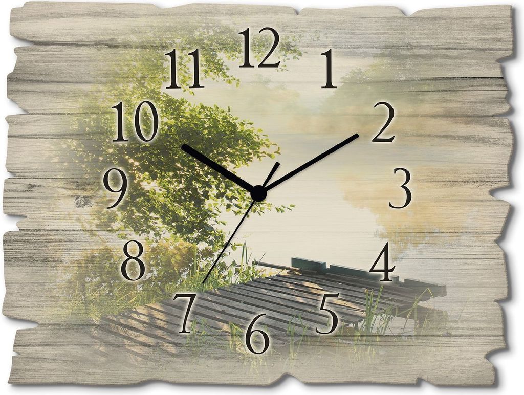 ARTland Holz Wanduhr Funkuhr - schwarzer Zeiger Angelsteg am Morgen Größe: 40x30 cm