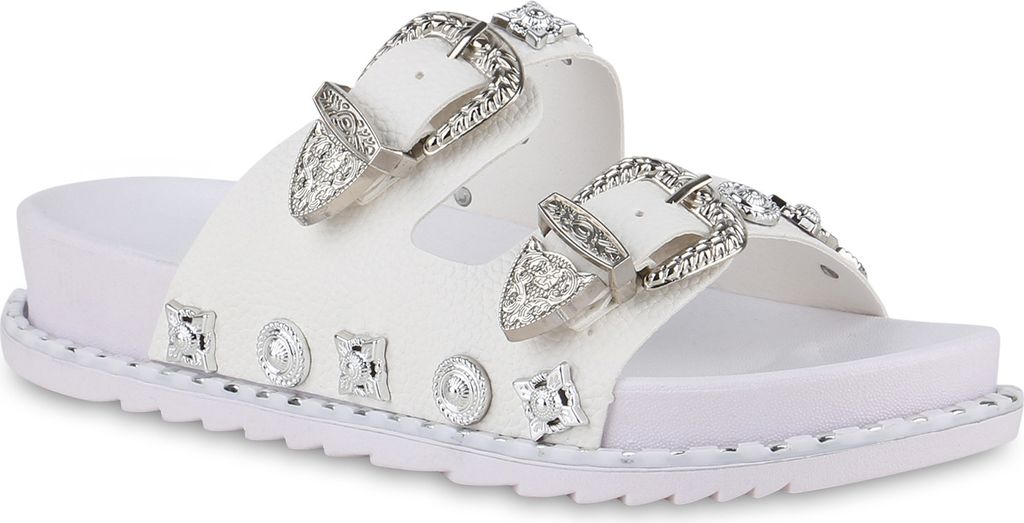 VAN HILL Damen Pantoletten Sandalen Zierperlen Schnallen Nieten Schuhe 841049, Farbe: Weiß, Größe: 36
