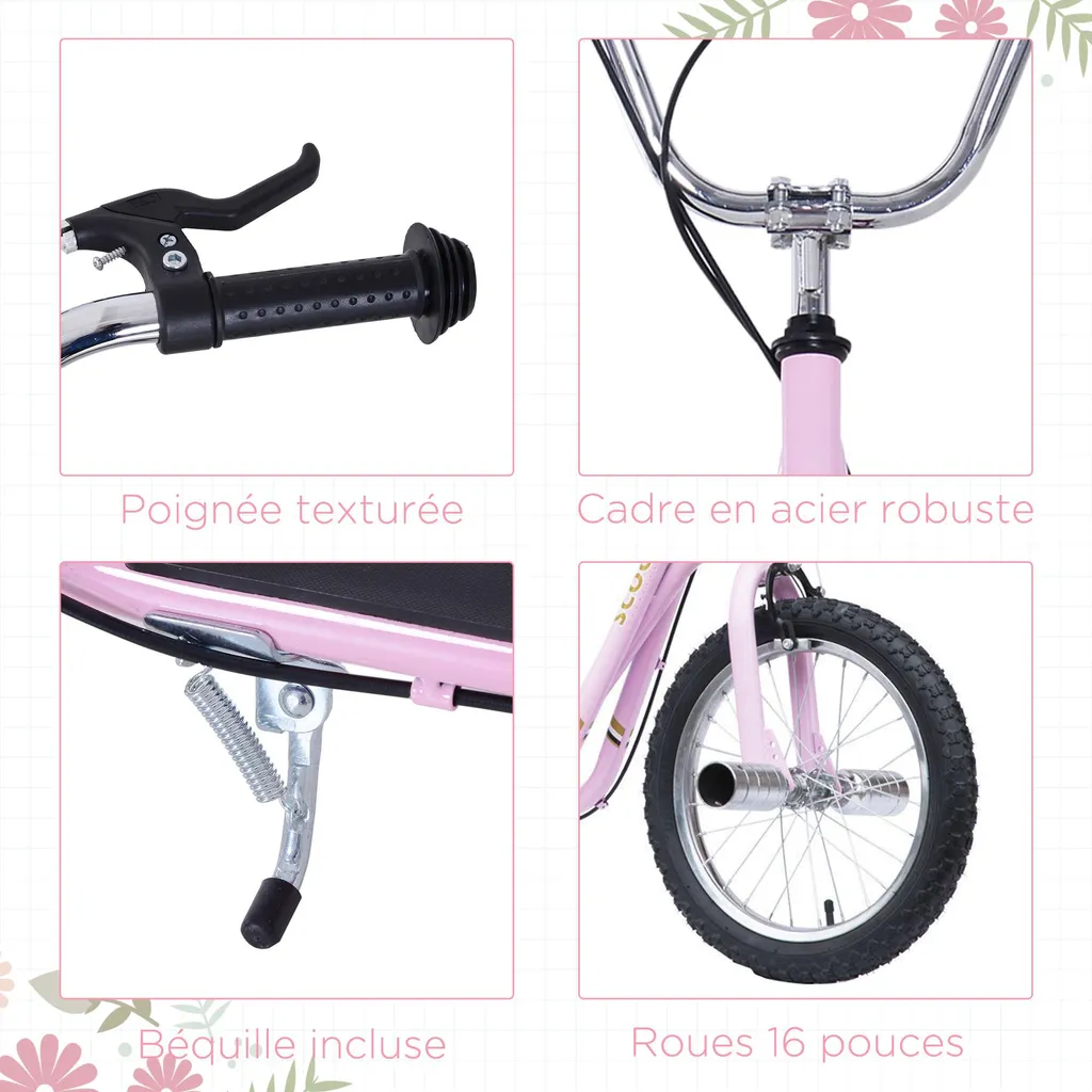 Trottinette Tout-Terrain Confortable Roues Gonflables 41cm Rose Pegs