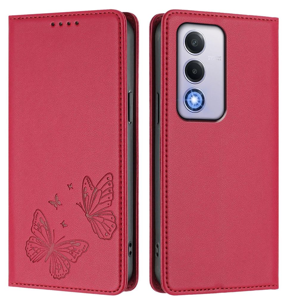 Lederhülle für Oppo A80 5G, Schmetterling Prägung Leder Brieftasche Schutzhülle mit Ständer Rot