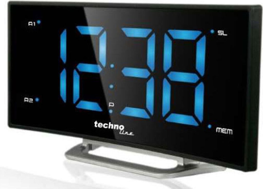 A digital alarm clock with a black face and blue illuminated numbers, displayed on a silver stand.