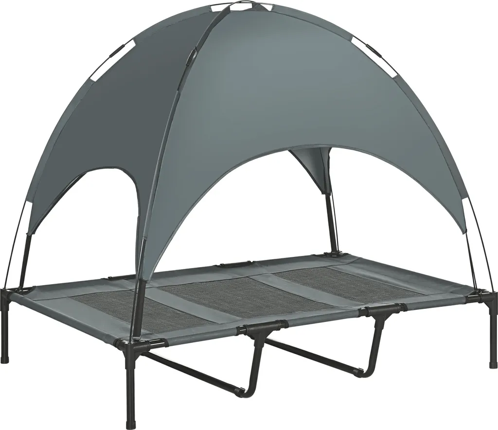 PawHut Lit de camp pour chien 122x92x108 cm avec parasol amovible gris