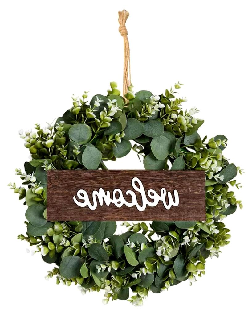 45 cm Türkranz aus künstlichem Eukalyptus mit Willkommensschild, moderne Deko für Frühling und Sommer zum Aufhängen, ganzjährig geeignet für...