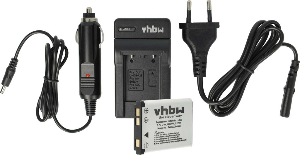 vhbw Ladezubehör-Set kompatibel mit Instax 90 Mini Neo Classic Kamera - 1x Ladeschale, 1x KFZ-Ladeadapter, 1x Akku, 1x Stromkabel