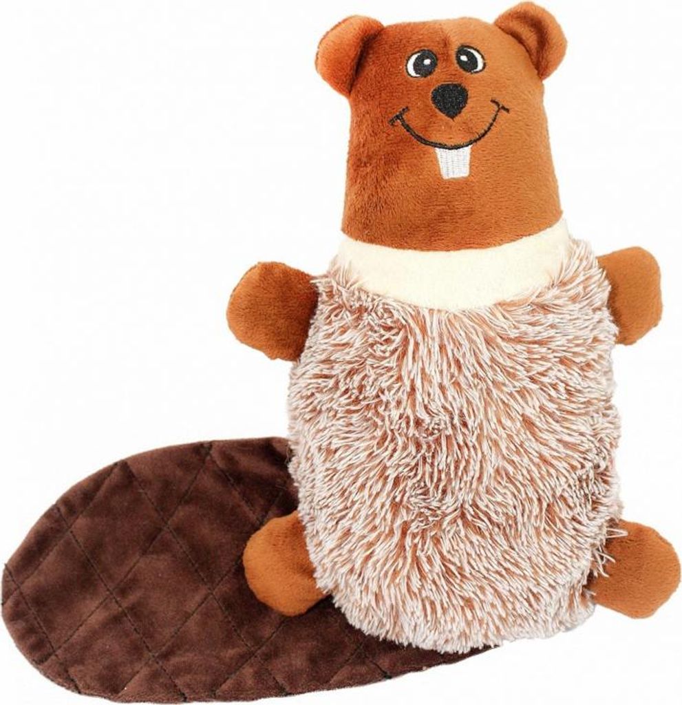 A plush toy beaver with a fluffy body and a flat tail, set against a white background.