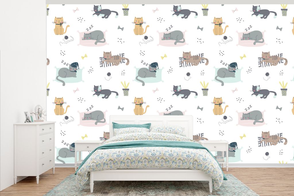 MuchoWow Fototapete für Wohnzimmer oder Schlafzimmer Wandtapete Vinyl Motivtapete Katzen - Haustiere - Muster - 375x240 cm - Wand Tapete