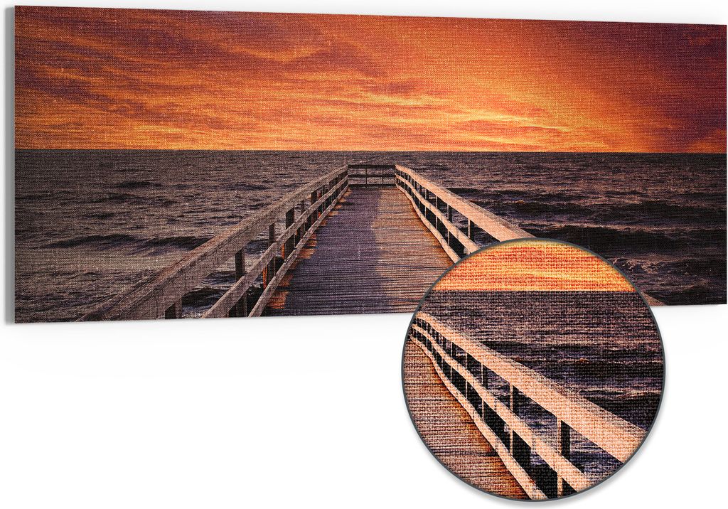 DEQORI Hybrid Leinwand Bild 150x60 cm 'Steg ins Abendrot' Wandbild Glas flach modern