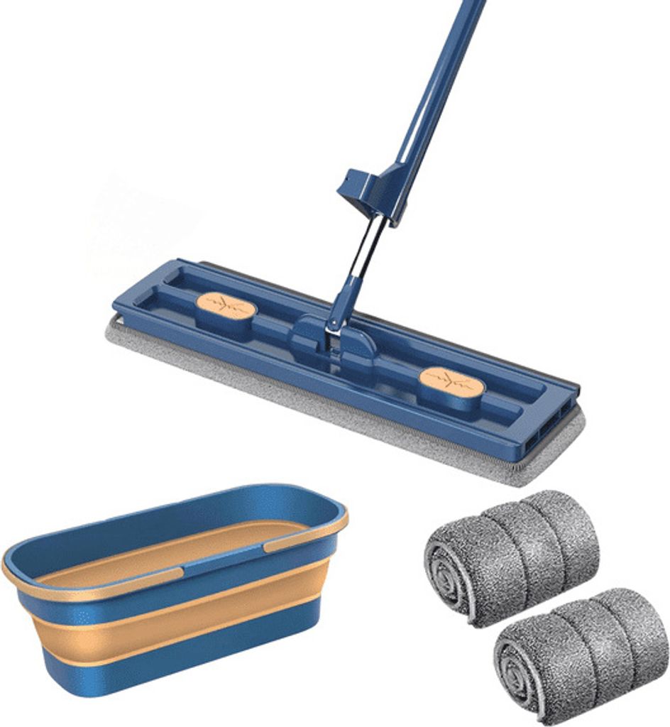 A cleaning mop, a collapsible bucket, and two mop heads are displayed against a white background.