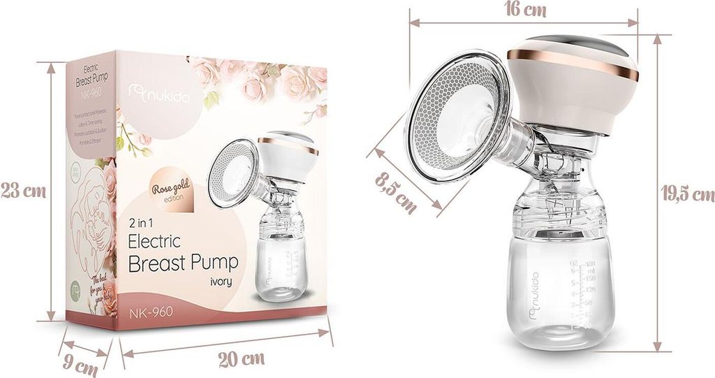 The image shows the packaging of a breast pump on the left and the breast pump itself with dimensions on the right.