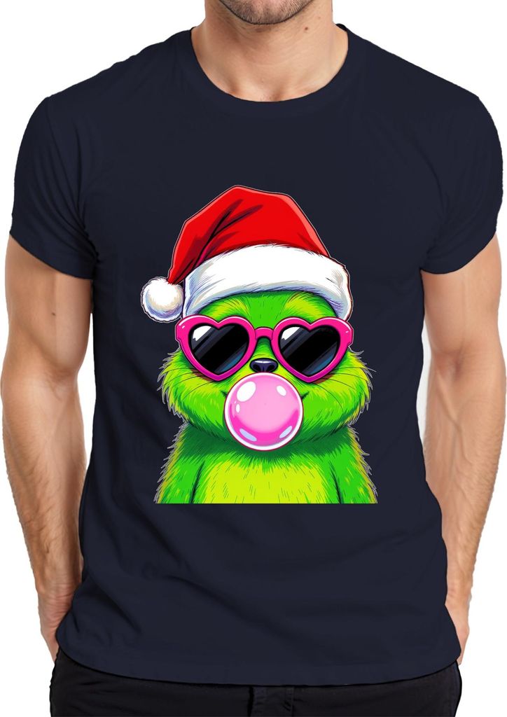 Weihnachtsmonster Grün Bubblegum Kaugummi Herzbrille Santa Cool Herren T-Shirt, Navy, XL