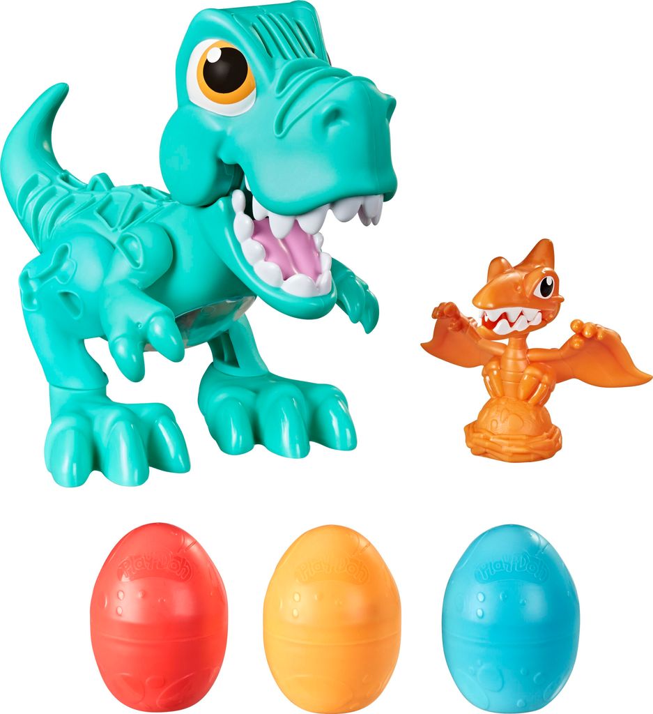 A teal Tyrannosaurus Rex toy with an orange Pterodactyl toy and three colorful eggs.