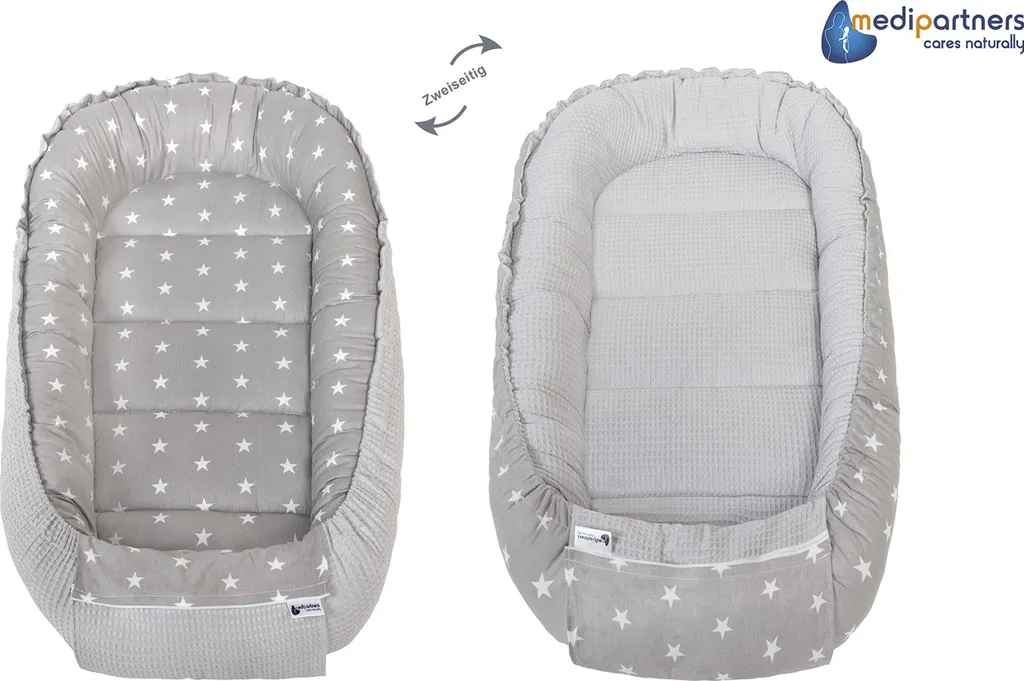 Lit de voyage bébé 100x60cm en coton gaufré gris et imprimé étoiles