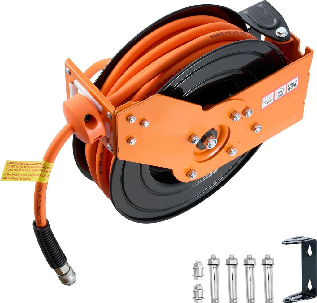 SucceBuy Druckluft-Schlauchtrommel mit 15 m x 3/8 Zoll Hybrid-Schlauch, 20 bar Druck, Automatische Aufwicklung und 1,52 m Zuleitung, 180° schwenkb...