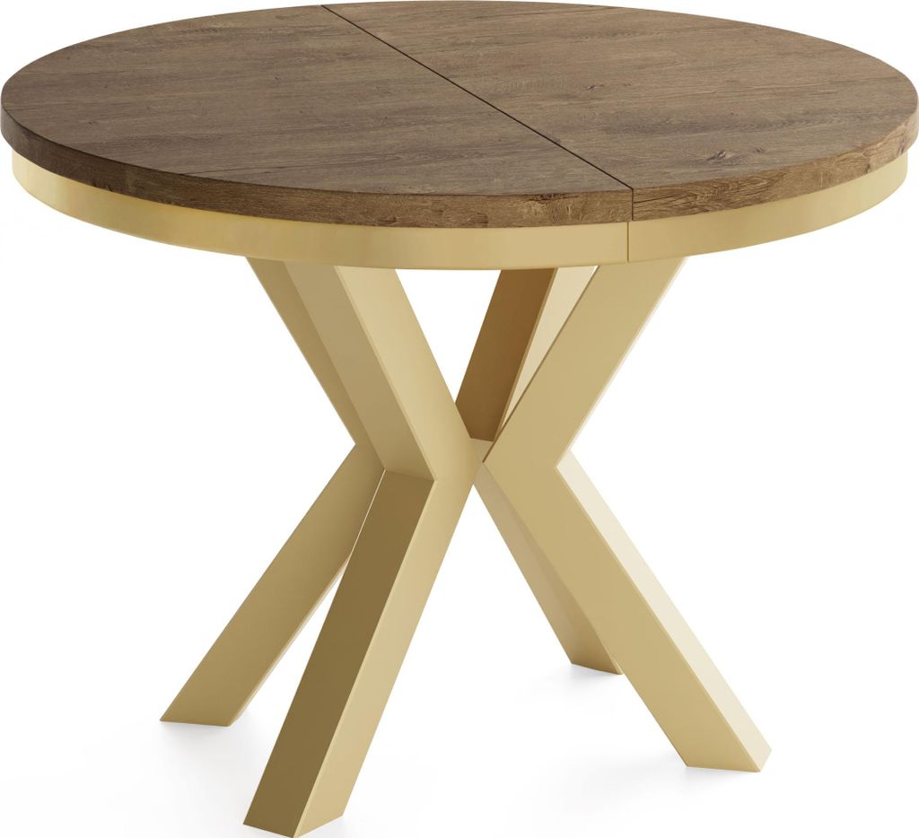 Runder Ausziehbarer Esstisch im Loft-Stil - Industrieller Tisch mit Goldenen Metallbeinen - Platzsparender Tisch für Wohnzimmer - Lefkas Eiche - 1...