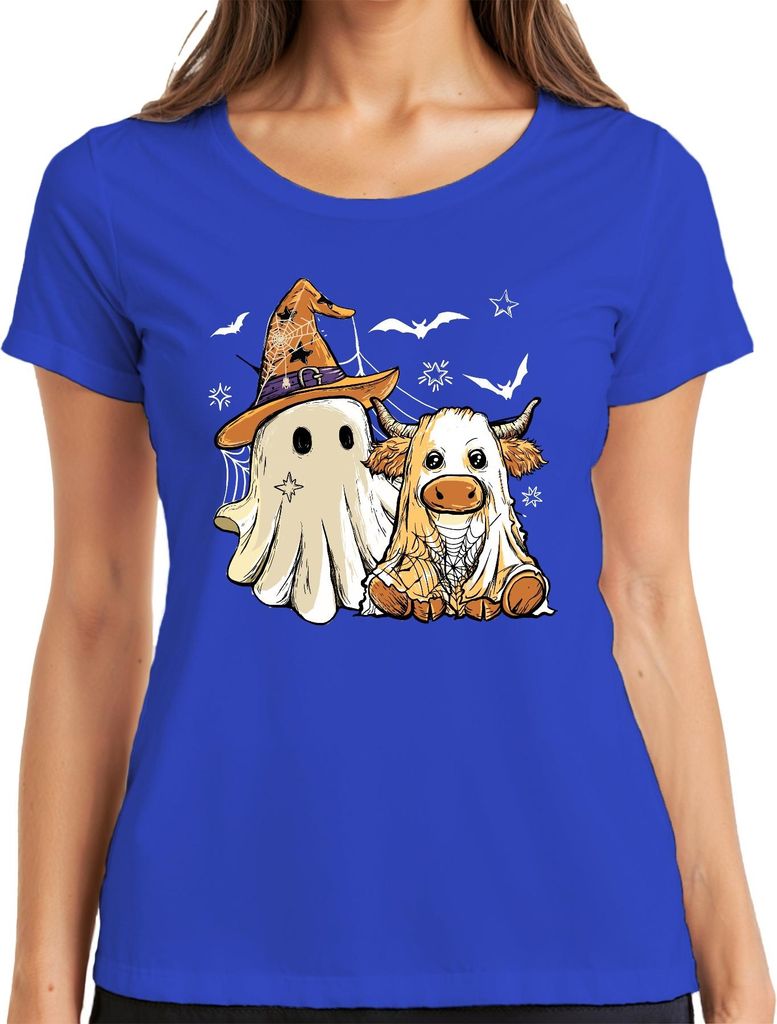 Halloween Kuh Geist süßes Kostüm Spinnennetz Hexenhut Cartoon Damen T-Shirt, Blau, M