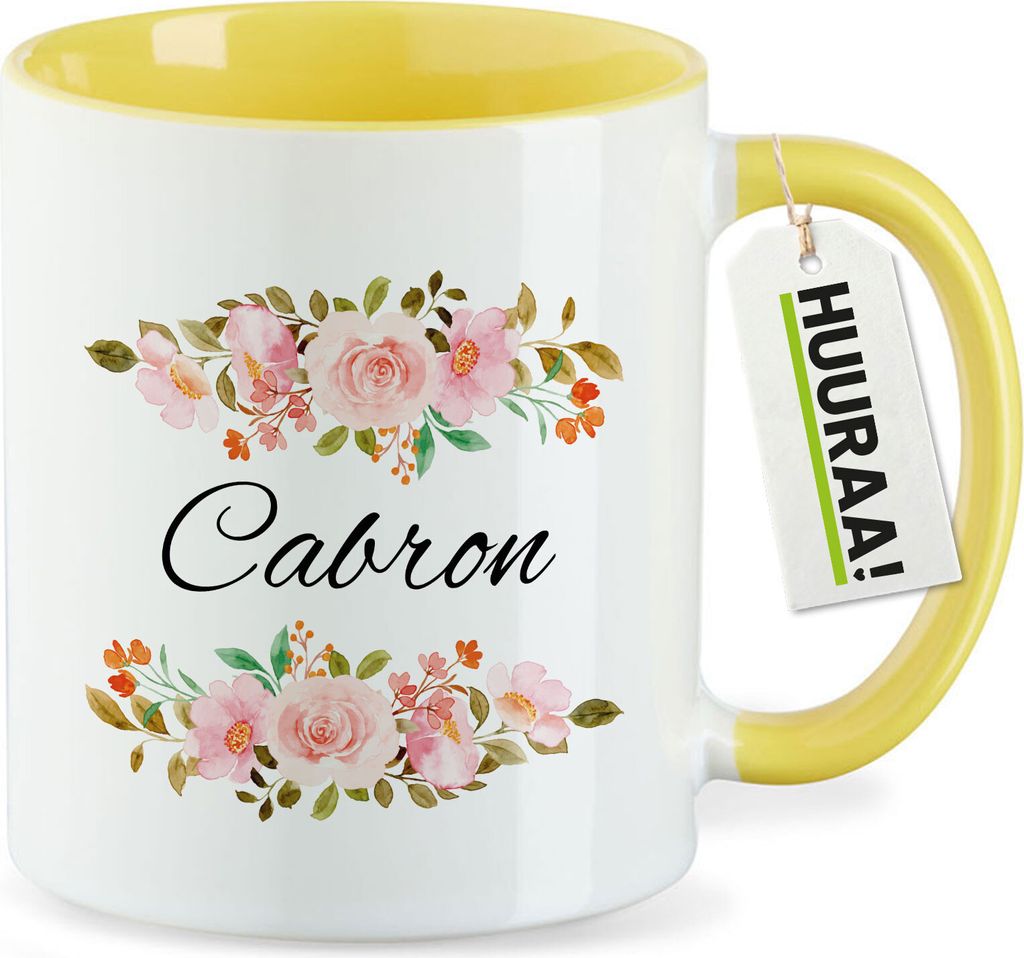 Huuraa Kaffeetasse Cabron spanisch Blumen 330ml Gelb Keramik Kaffeebecher Geschenkidee