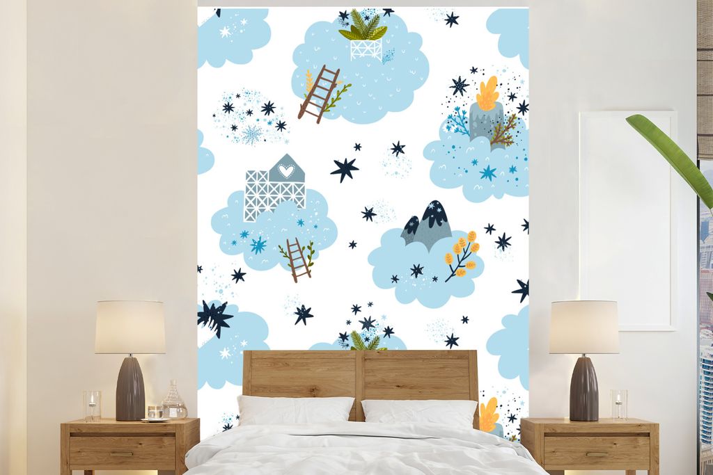 MuchoWow Fototapete für Wohnzimmer oder Schlafzimmer Wandtapete Vinyl Motivtapete Design - Wolken - Leiter - 170x260 cm - Wohnzimmertapete