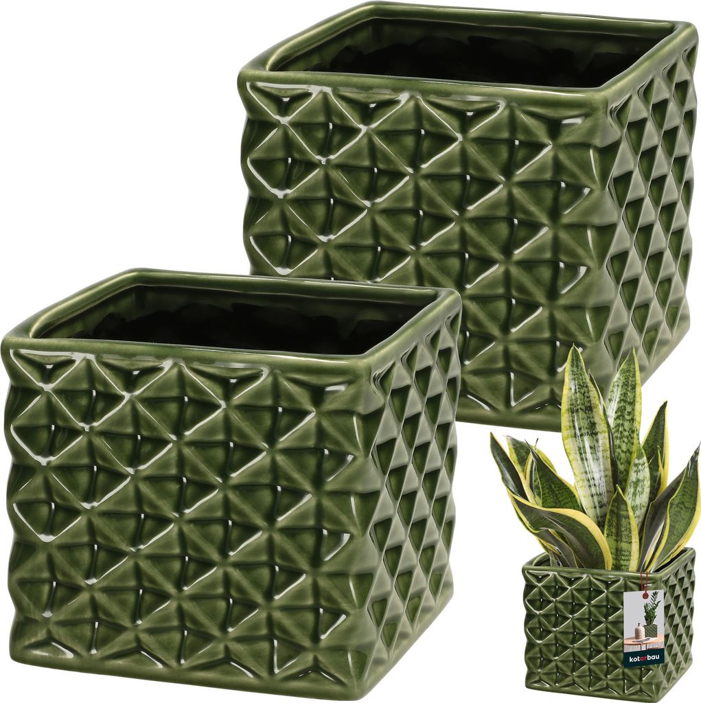 KOTARBAU 2er Set Blumentopf Keramik glasiert Quadratisch Grün 14 x 14 cm H 13 cm Übertöpfe für Zimmerpflanzen Orchideen & Sukkulenten Topf Pf...
