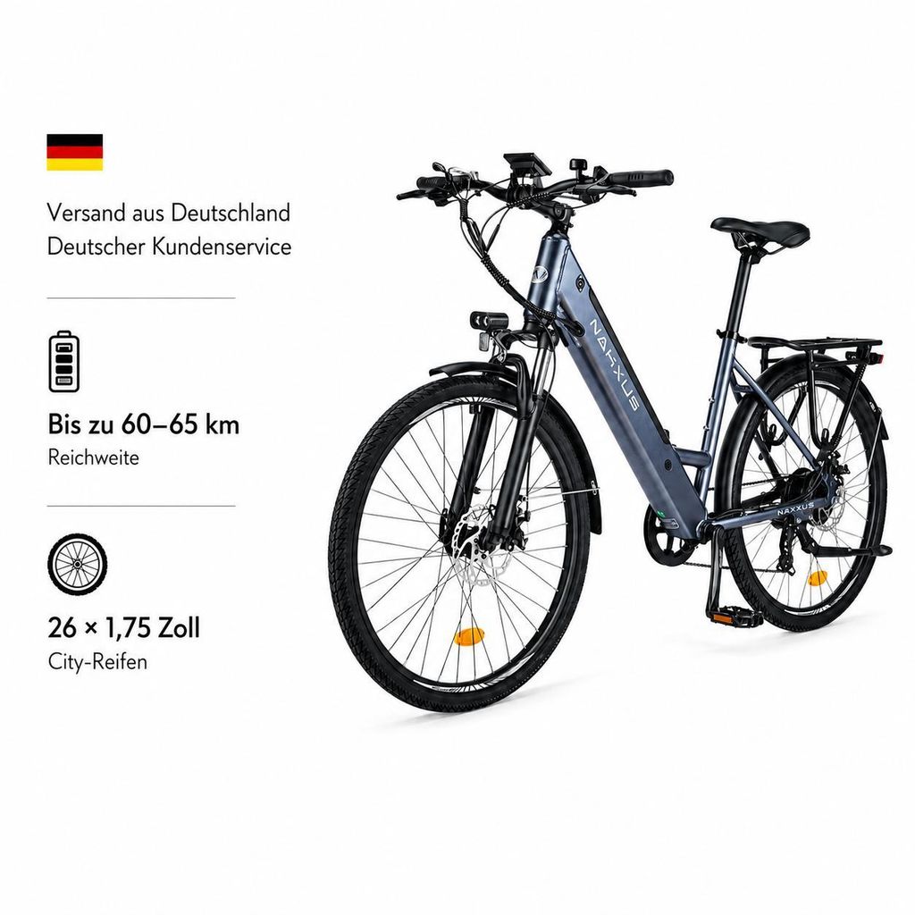 PIXAR M208 26 Zoll City-E-Bike Tiefeinsteiger, 36V 12,5Ah Akku, Shimano 7-Gang, LCD-Display, Scheibenbremsen & Federgabel
