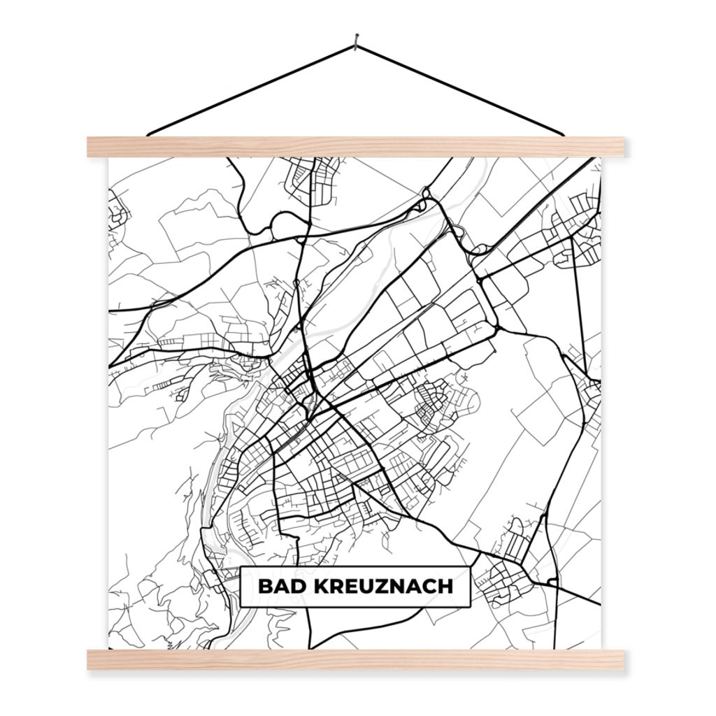 MuchoWow Textilposter Karte - Bad Kreuznach - Stadtplan 120x120 cm mit holzfarbenen Rahmen - Textil-Poster