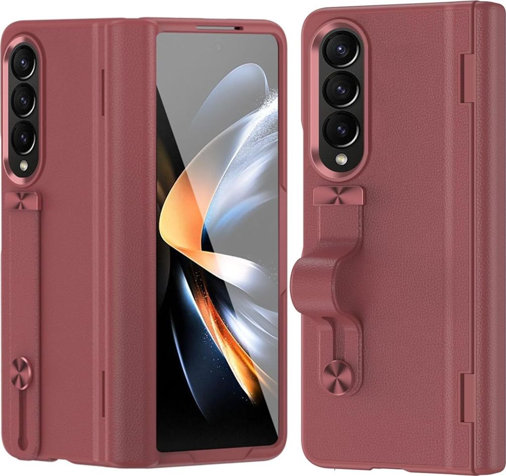 Schutzhülle für Samsung Galaxy Z Fold 4 5G mit Displayschutzfolie und Handschlaufe Ständer, Hart PolyurethanScharnier Handyhülle Rot