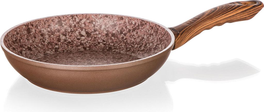 A frying pan with a wooden-look handle is shown against a white background.