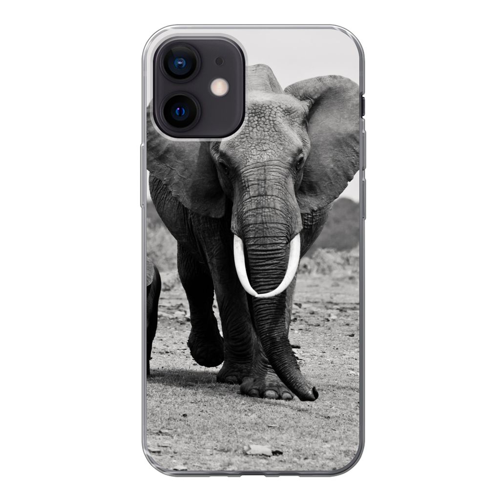 MuchoWow Handyhülle Schutzhülle Hülle für iPhone 12 Elefant - Kind - Schwarz - Weiß Silikon Softcase Handy Hülle - Schutzhülle