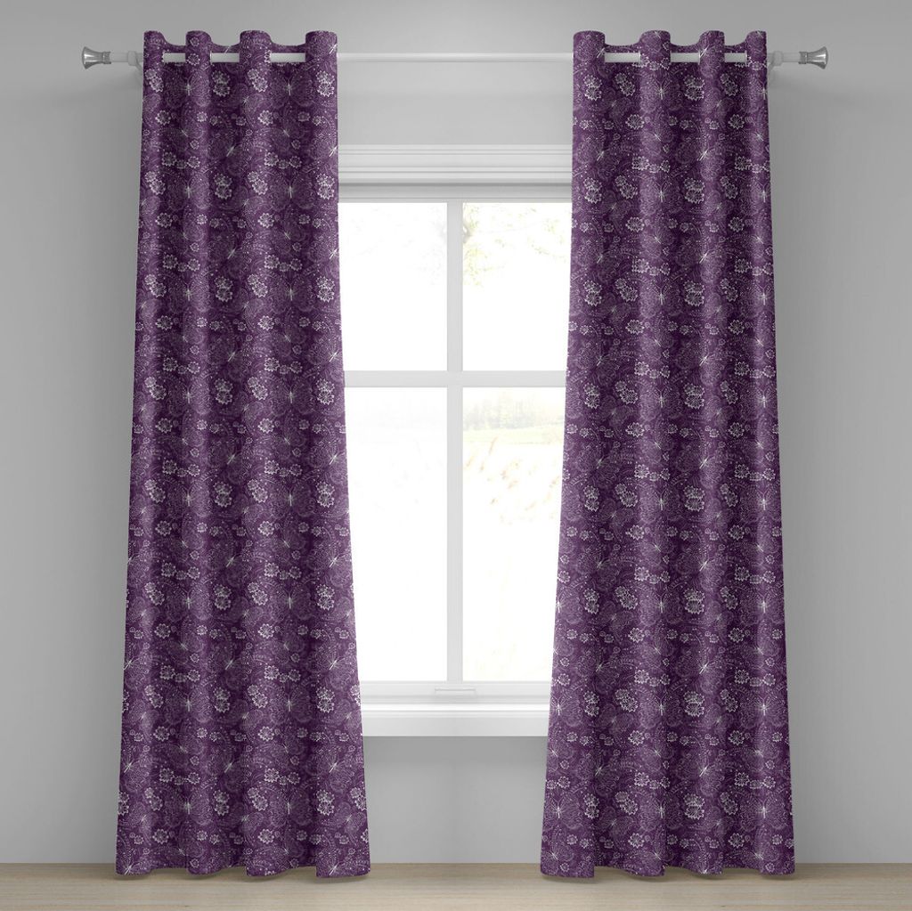 ABAKUHAUS Pflaume Ösenvorhang, Romantisches mit Blumenmuster mit Weinlese-Art-weißen Schmetterlingen Swirly Flügel und Blumen, Dekorative 2-Pane...