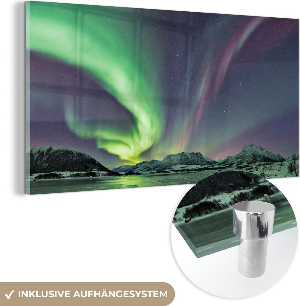 MuchoWow Glasbilder - Bilder auf Wandbild - Foto auf Glas Nordlichter - Eis - Lila - Grün 120x60 cm Wanddekoration aus Glas - Acrylglasbild - Acry...