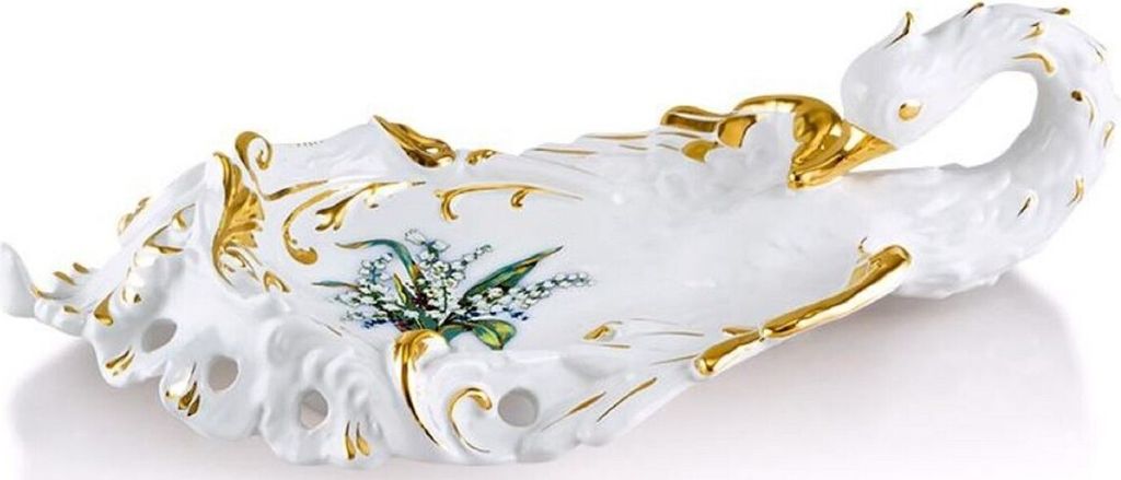 Casa Padrino Barock Serviertablett Schwan mit Lilien Weiß / Gold / Mehrfarbig 54 x 30 x H. 16 cm - Handbemaltes Keramik Tablett im Barockstil