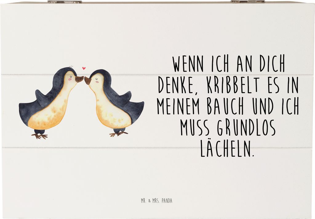 Mr. & Mrs. Panda Erinnerungsbox Pinguine Kuss 22 x 15 cm - Weiß - Geschenk, für Partner, Valentinstag, Schatulle, Truhe, Freund, Freundin, Holzbo...