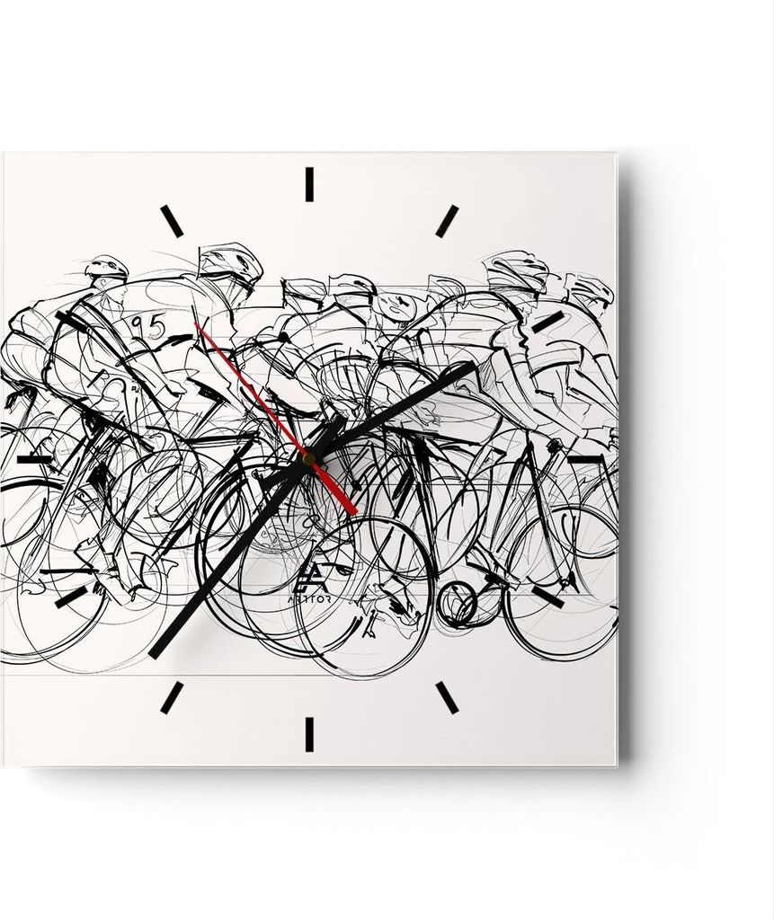 Wanduhr - Quadrat - Glasuhr - Fahrrad Rennen Rad - 40x40cm - Schleichendes Uhrwerk - Lautlos - zum Aufhängen bereit - Dekoration Modern - Wanddeko...