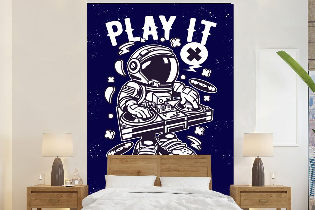 MuchoWow Fototapete für Wohnzimmer oder Schlafzimmer Wandtapete Vinyl Motivtapete Astronaut - Weltraum - DJ - Vintage - 160x240 cm - Vinyltapete