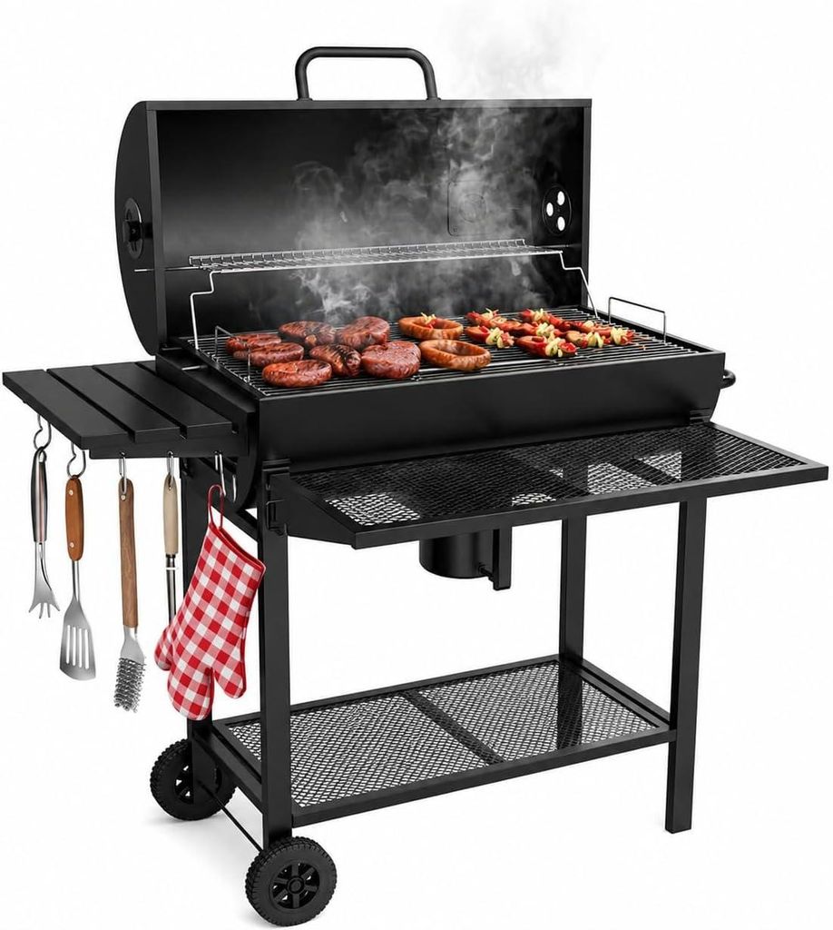 Kohlegrill, Grillwagen, mit Deckel, Thermometer und Kamin, Produktbild 