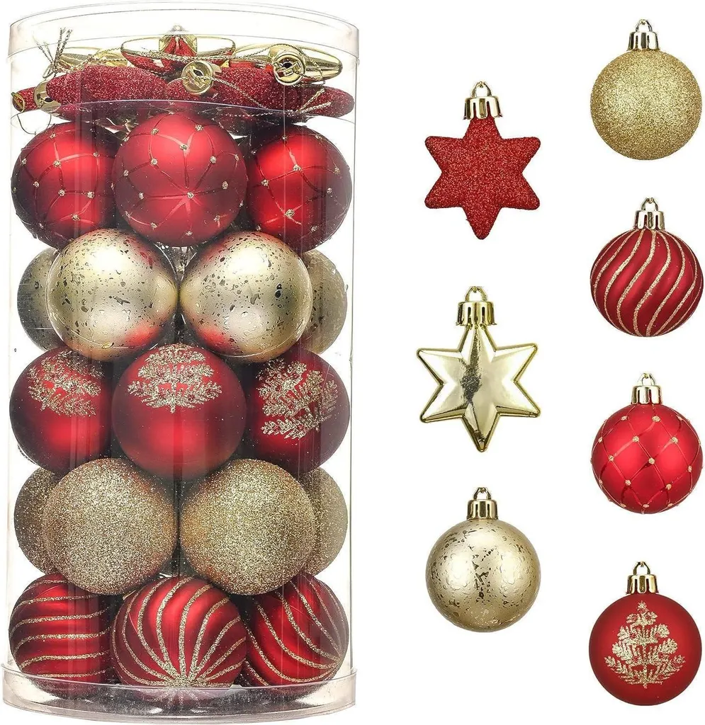 Décoration de Sapin de Noël Rouge et Or 35 Boules 5 cm pour Fêtes en Famille