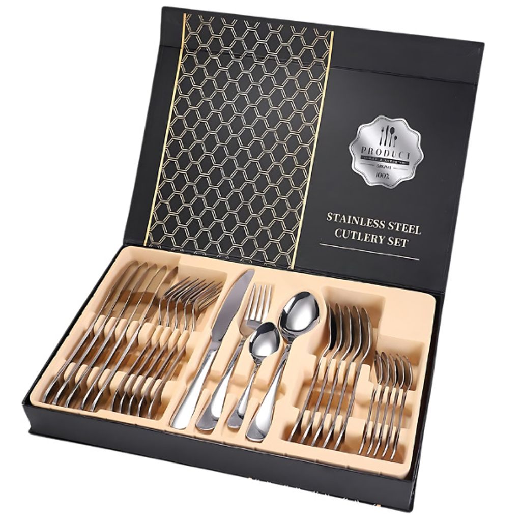 A set of stainless steel cutlery is displayed in an open black box.