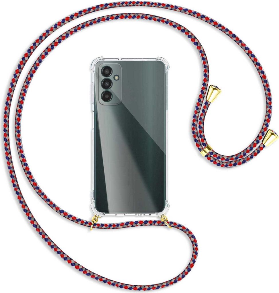 Handykette Backcover-Schutzhülle mit Band (Metall goldfarben) für Samsung Galaxy M13 4G (SM-M135) - silber/blau/rot