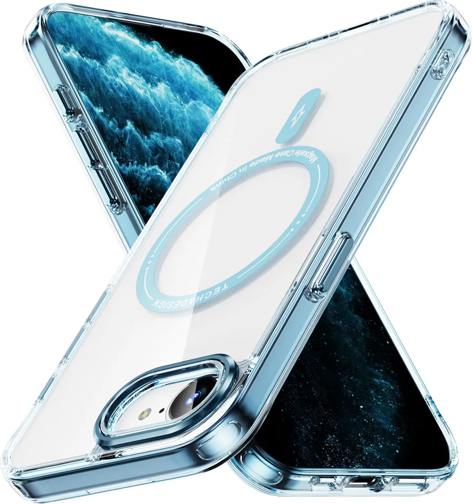 Custodia magnetica trasparente per iPhone 16e, compatibile con MagSafe, custodia protettiva ibrida antiurto blu