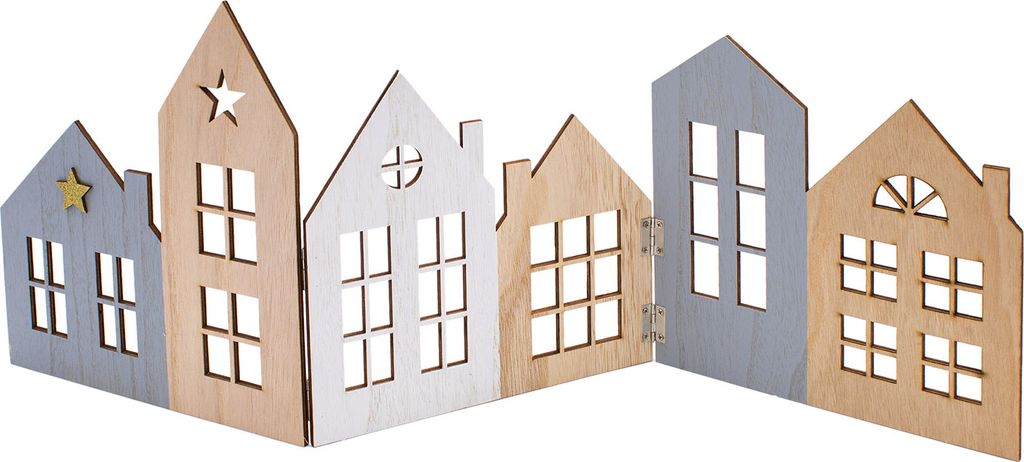 Häuserzeile XL ca. 67 x 25 cm - natur, weiß, grau / klappbar - Deko Weihnachts Stadt