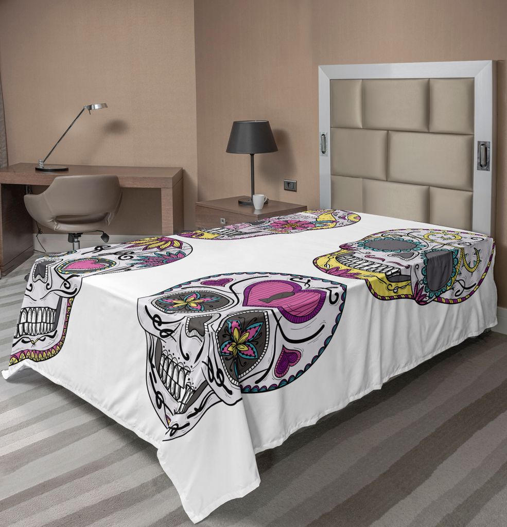 ABAKUHAUS Schädel Bettlaken, Aufwändiger Mexikanischer Schädel Satz Mit Blumen Und Herz Muster Calavera Humor, weiches bequemes oberes Bettlaken...
