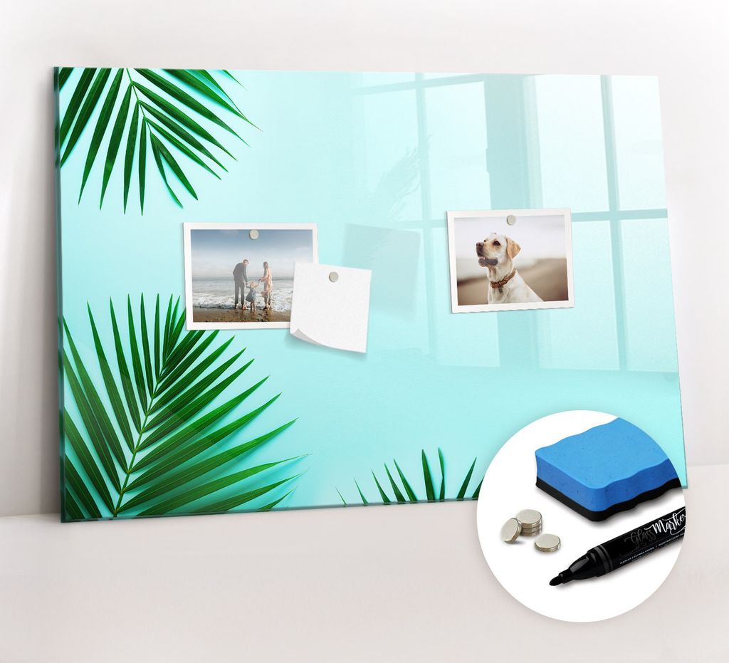 Magnetpinnwand Memoboard - Zubehörsatz - Schwarzer Marker + Schwamm + Magnete - 60 x 40 cm - Palmenblätter