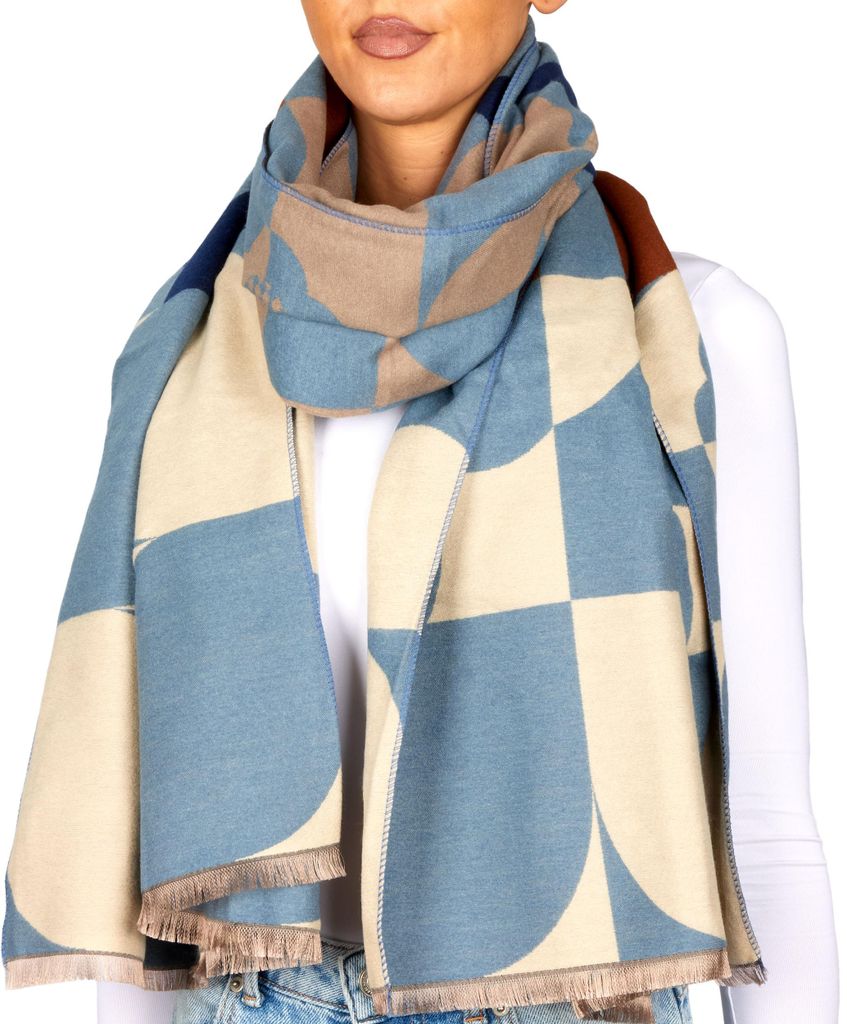 BRUBAKER Cashmirillo Damen Schal mit Modernem Muster - 70 x 200 cm - Warm, Kuschelig - Damenschal für Herbst & Winter, Blau & Beige