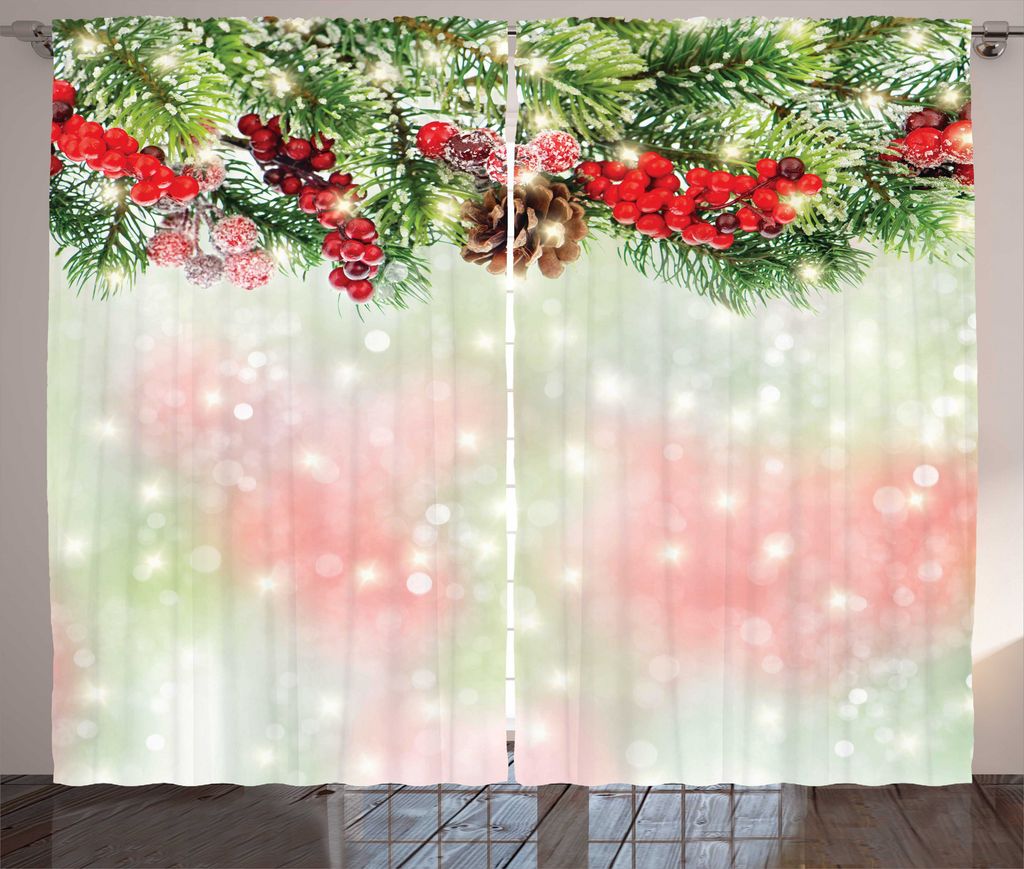 ABAKUHAUS Weihnachten Rustikaler Gardine, Grüne Zweige Holly, Schlafzimmer Kräuselband Vorhang mit Schlaufen und Haken, 280 x 175 cm, Rot Grün B...