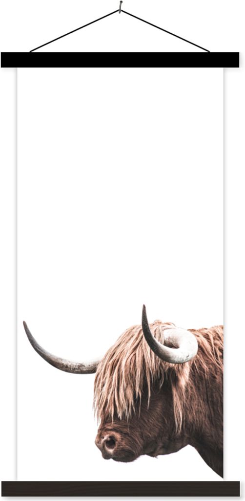MuchoWow Textilposter Schottisches Hochlandrind - Kopf - Weiß 60x120 cm mit schwarzem Rahmen - Magnete