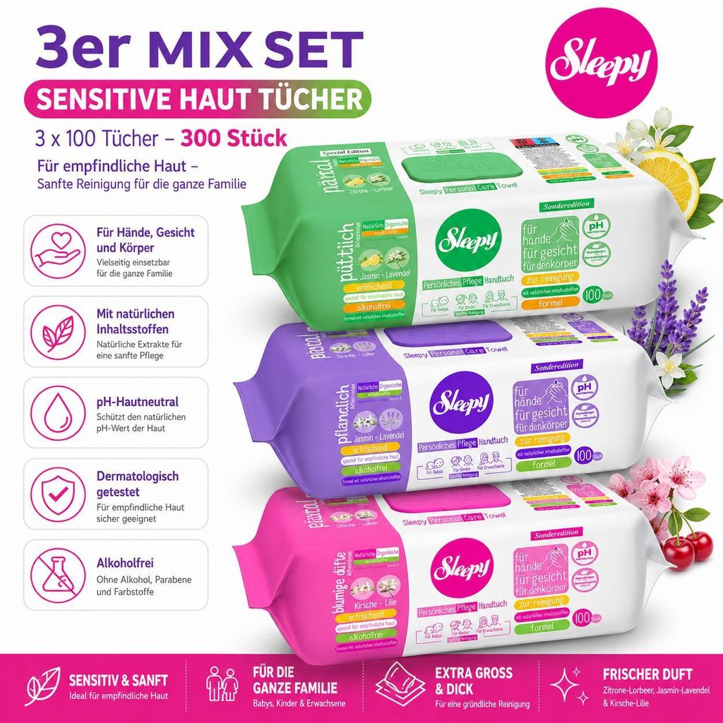 Sleepy Easy Clean Sensitive Mix Set 3x100 Tücher – Zitrone Produktbild 