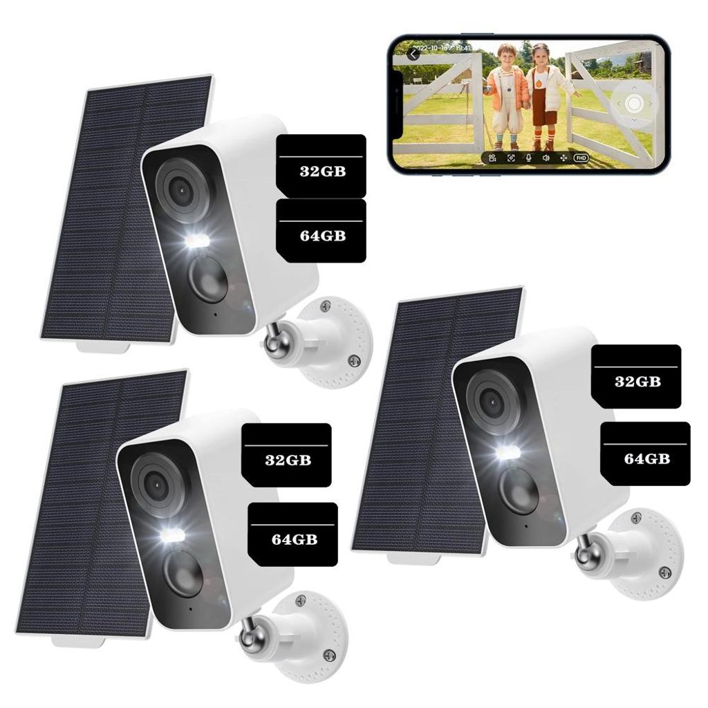 3x 2K Überwachungskamera Aussen Solar Akku,Kabellos IP Kamera Innen mit Wiederaufladbare Batterie, PIR-Bewegungserkennung 32&64GB Speicher Karte