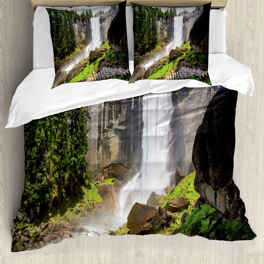 ABAKUHAUS Yosemite Bettbezug, Yosemite Nationalpark, Milbensicher Allergiker geeignet mit Kissenbezügen, 200 cm x 200 cm - 80 x 80 cm, Weiß Grün