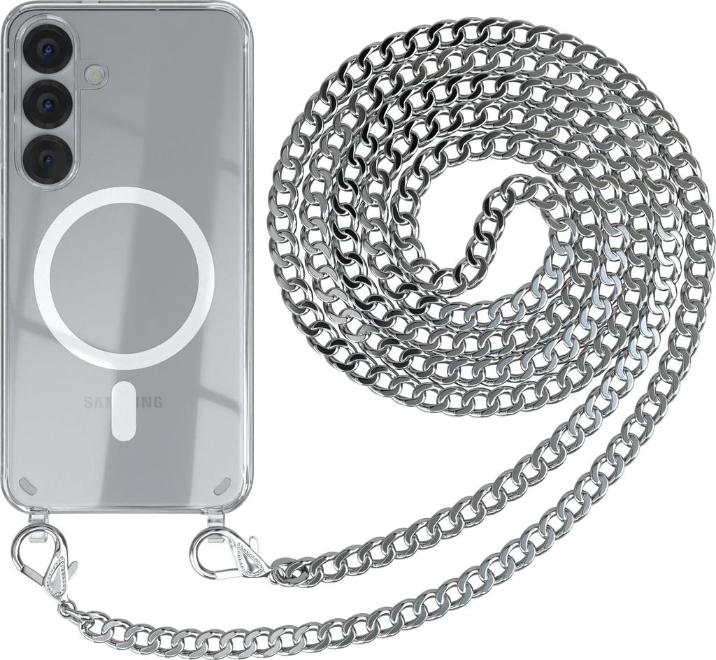 EAZY CASE Handykette kompatibel mit Samsung Galaxy S25, Kette zum Umhängen aus Metall, Silikonhülle mit Band, stoßfest, mit MagSafe in Silber